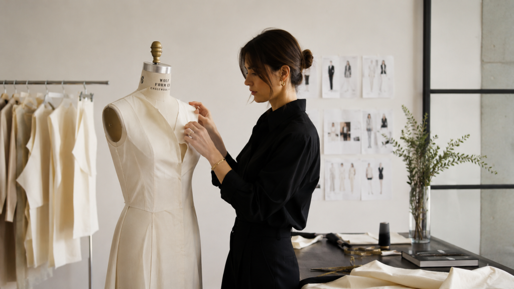 Fashion pattern maker refining a garment draft on a mannequin inside a minimalist atelier with soft natural lighting, neutral tones, and an elegant editorial fashion aesthetic.