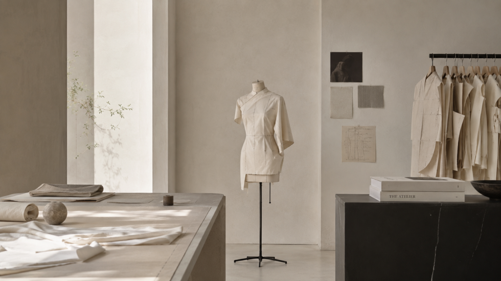 Ultra minimalist luxury fashion atelier with an ivory, beige and black palette, soft natural light, pattern making table with fabrics and paper patterns, couture toile on a dress form, and a refined architectural studio atmosphere with contemporary editorial aesthetics.