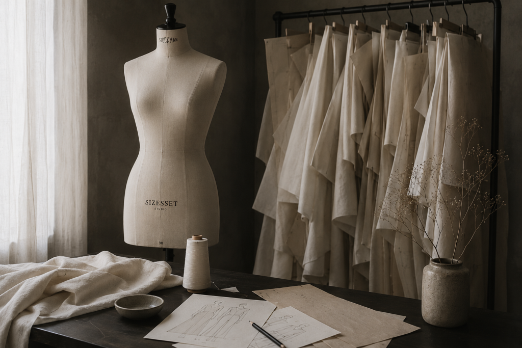 Minimalist fashion studio scene with mannequin, sewing patterns and neutral fabrics in a soft editorial atmosphere.
