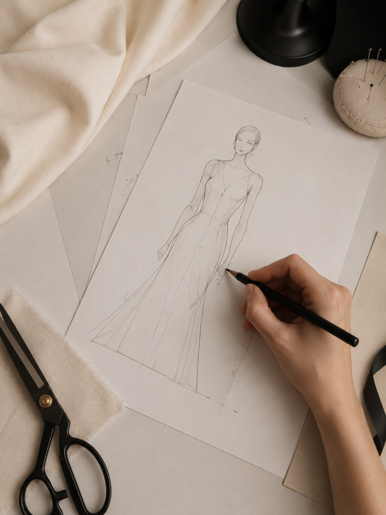 Hand drawing a female dress fashion sketch on a minimalist workspace with beige fabric and sewing tools.
