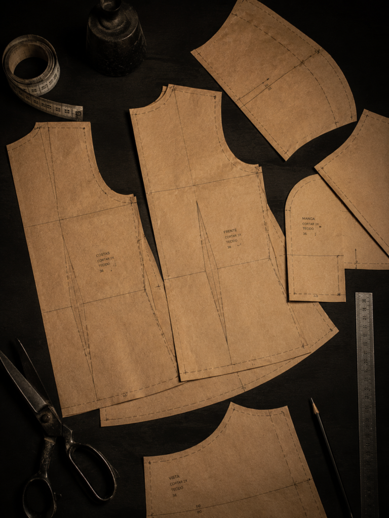 Kraft paper sewing patterns with technical markings on a dark table during the garment pattern making process.