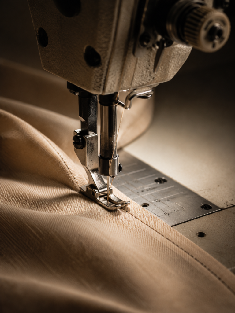 Close-up of an industrial sewing machine stitching beige fabric in a professional garment production process.