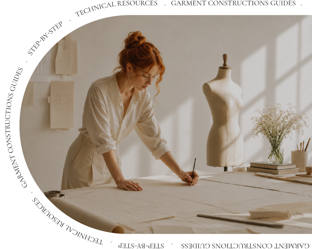 Red-haired pattern maker drafting garment patterns on a large worktable in a bright, softly lit studio.
