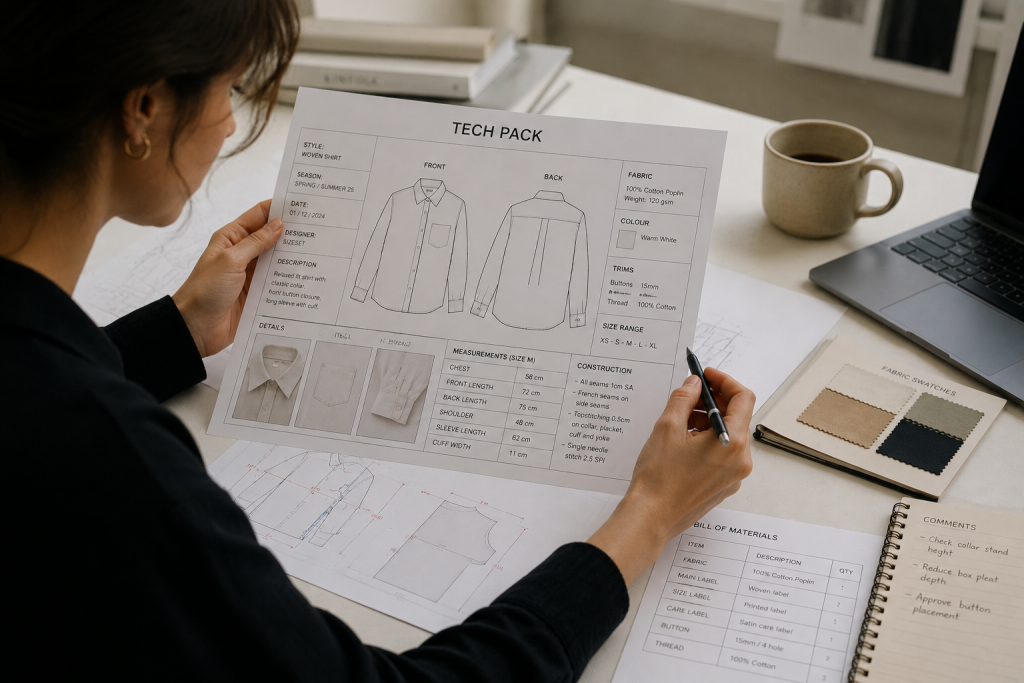 Patternmaker analysing a fashion tech pack containing garment specifications, technical drawings, measurements and construction details before pattern development.