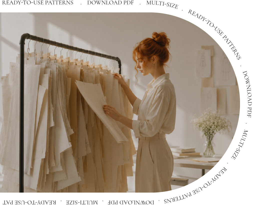 Red-haired pattern maker choosing a sewing pattern from a rack of hanging pattern pieces in a bright studio with soft natural light.