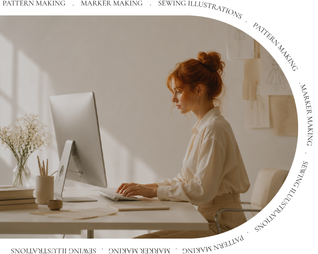 Red-haired pattern maker working at a computer desk in a bright studio with soft natural light.