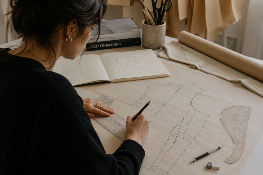 Patternmaker drawing a garment sewing pattern on paper with patternmaking rulers and drafting tools in a fashion design studio.